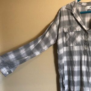 Grey plaid tunic, half button down TALL LENGTH